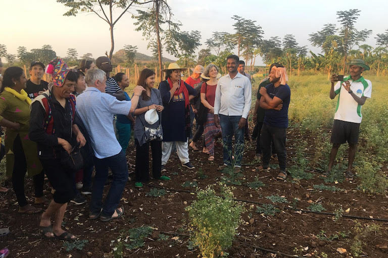 Agroecology practitioners share views and experiences during an international learning exchange in early 2020 at Amrita Bhoomi Learning Centre. Image by Anna Lappé for Mongabay.